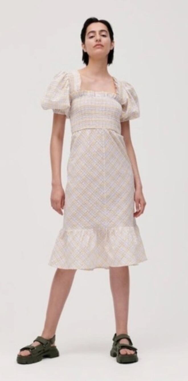 GANNI Checked Organic Cotton-Blend Seersucker Dress Sz 42 Gingham Plaid Trumpet